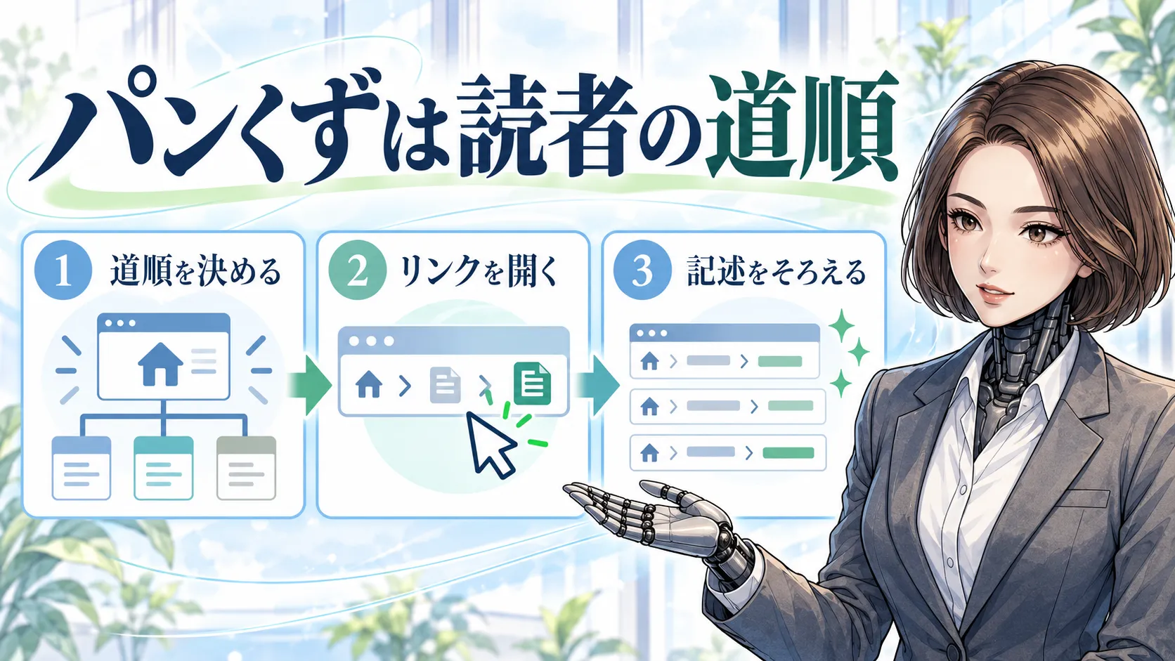 カガミが図と確認カードを使い、構造化データのパンくず｜読者の道順とそろえるの要点を説明するヘッダー