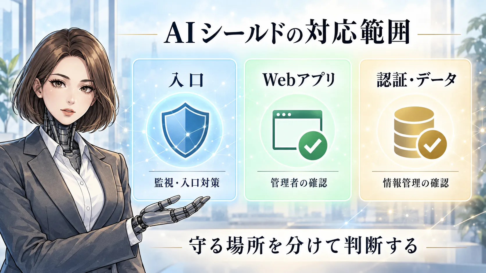 カガミがWebの入口と、アプリ・認証・データの別々の対応範囲を案内する図解