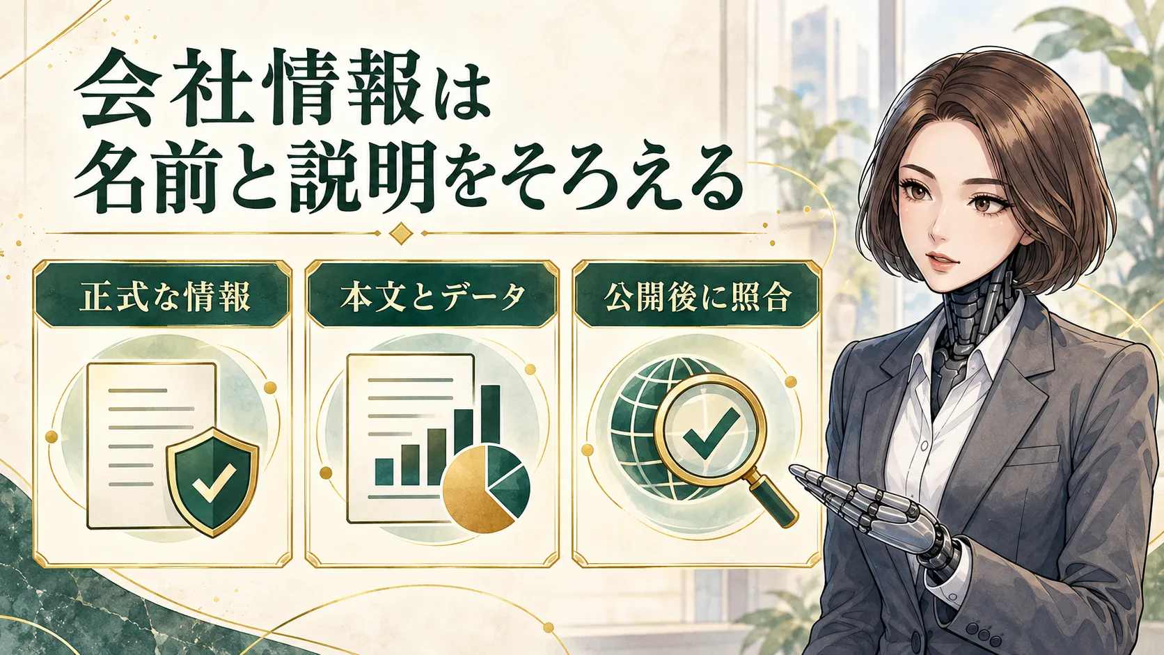 正式な会社情報と本文とデータをそろえ、公開後に照合するカガミの図