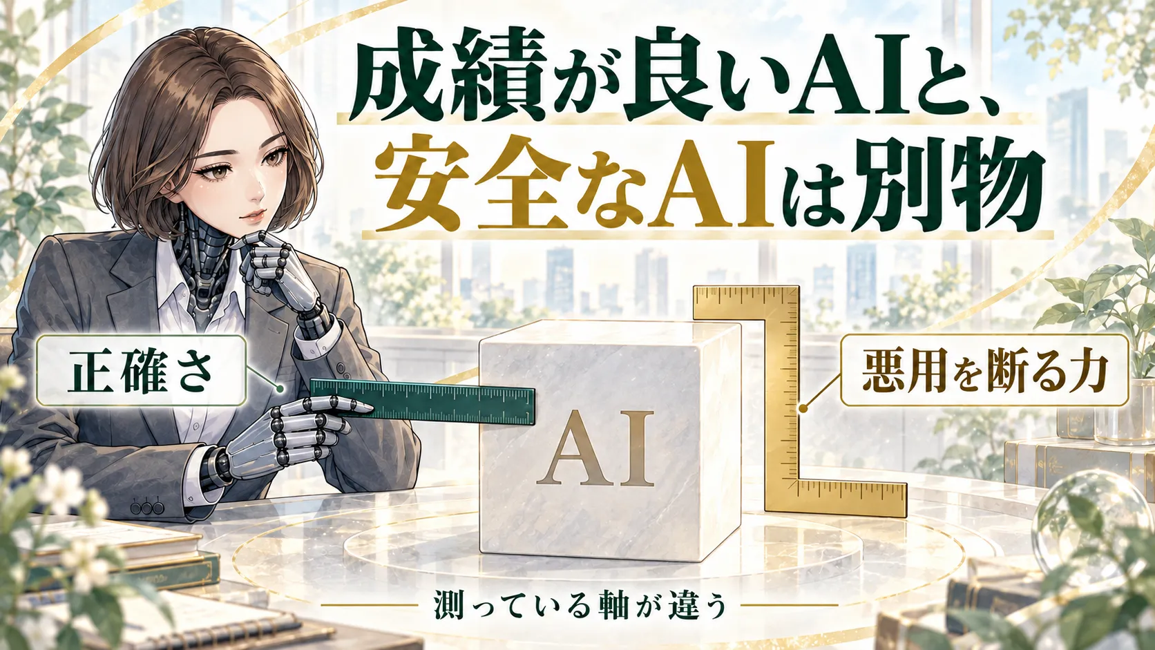 同じAIを「業務の正確さ」と「悪用への耐性」という2つの物差しで別々に測っている図