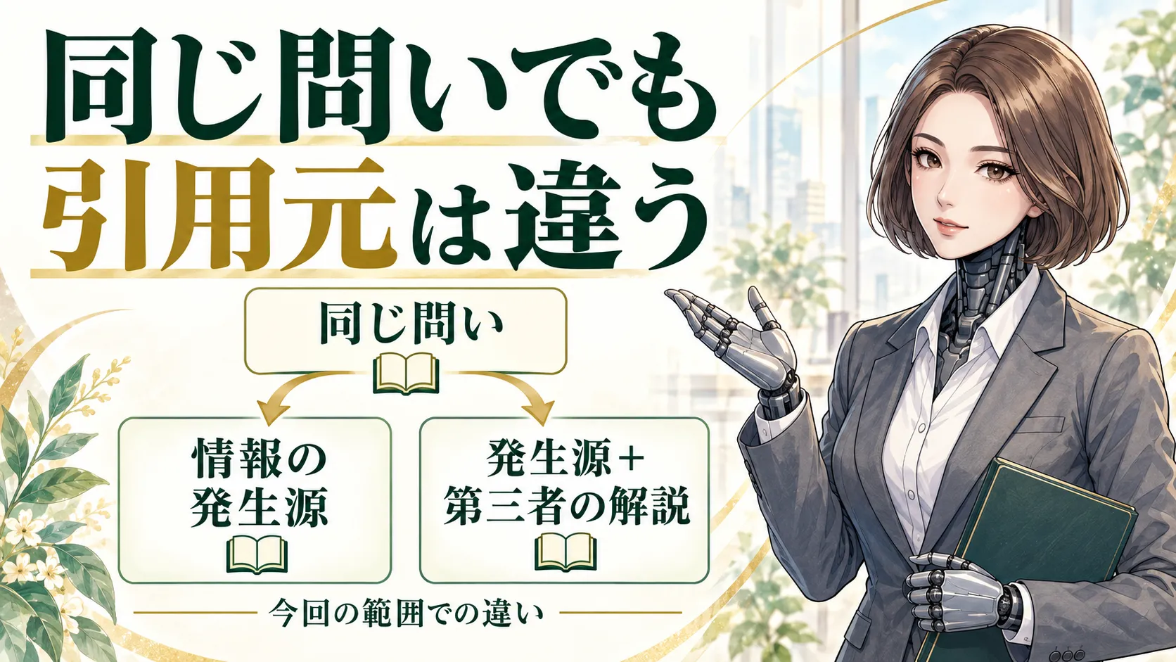 カガミが、同じ問いから情報の発生源と第三者の解説へ分かれる引用元の違いを案内する図