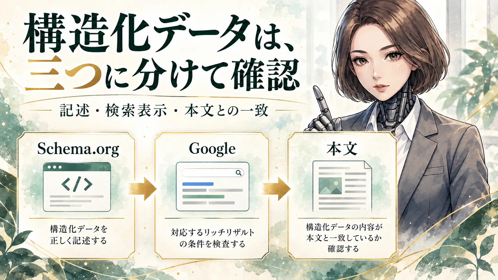 カガミが、Schema.orgの記述、Googleのリッチリザルト、本文との一致という三つの確認範囲を案内する図解