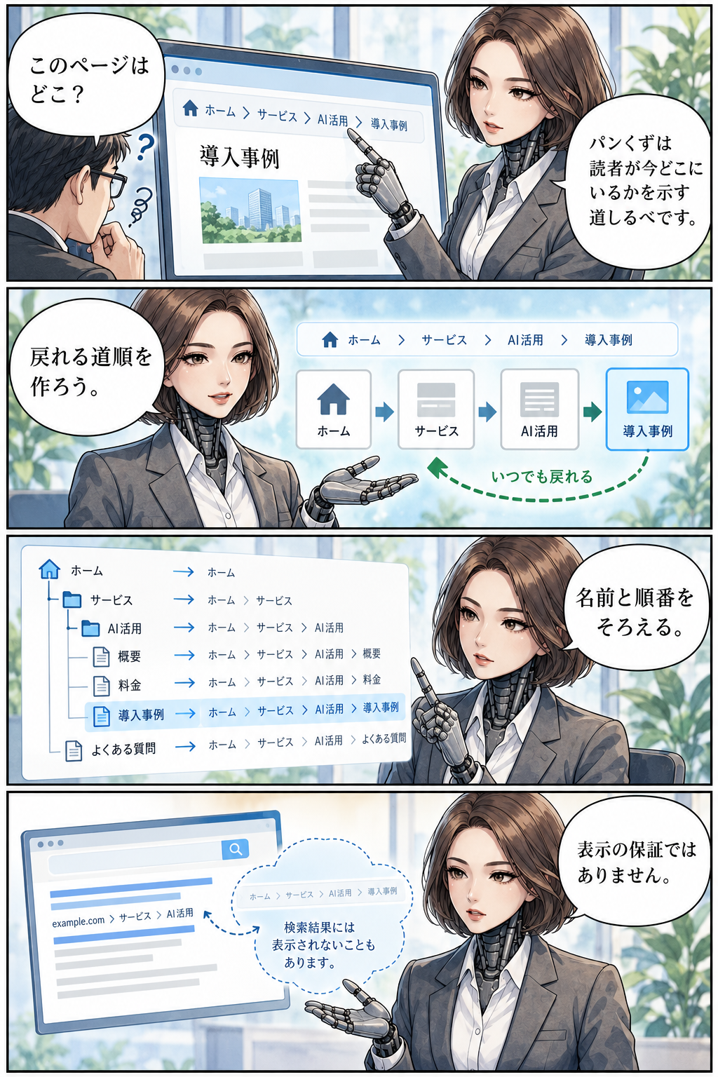 読者の道順と機械向けの道順をそろえる4コマ漫画