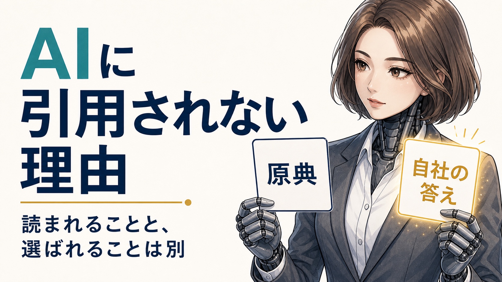 アンドロイド・カガミが、原典にある説明、自社だけの実務情報、AIにも伝わる整理という3つのカードを案内する記事ヘッダー