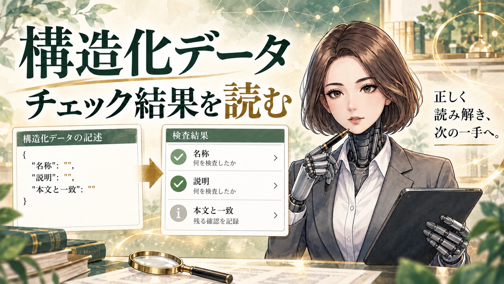 カガミが、Schema.orgの記述、Googleのリッチリザルト、本文との一致という三つの確認範囲を案内する図解