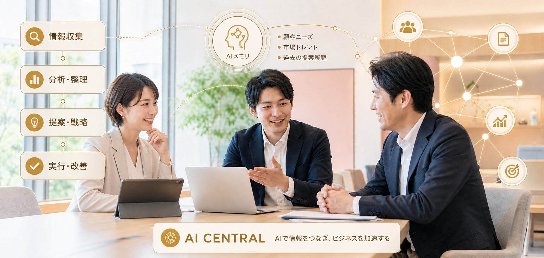 日本人チームが明るいオフィスでAIセントラルの業務フローを確認している会議風景